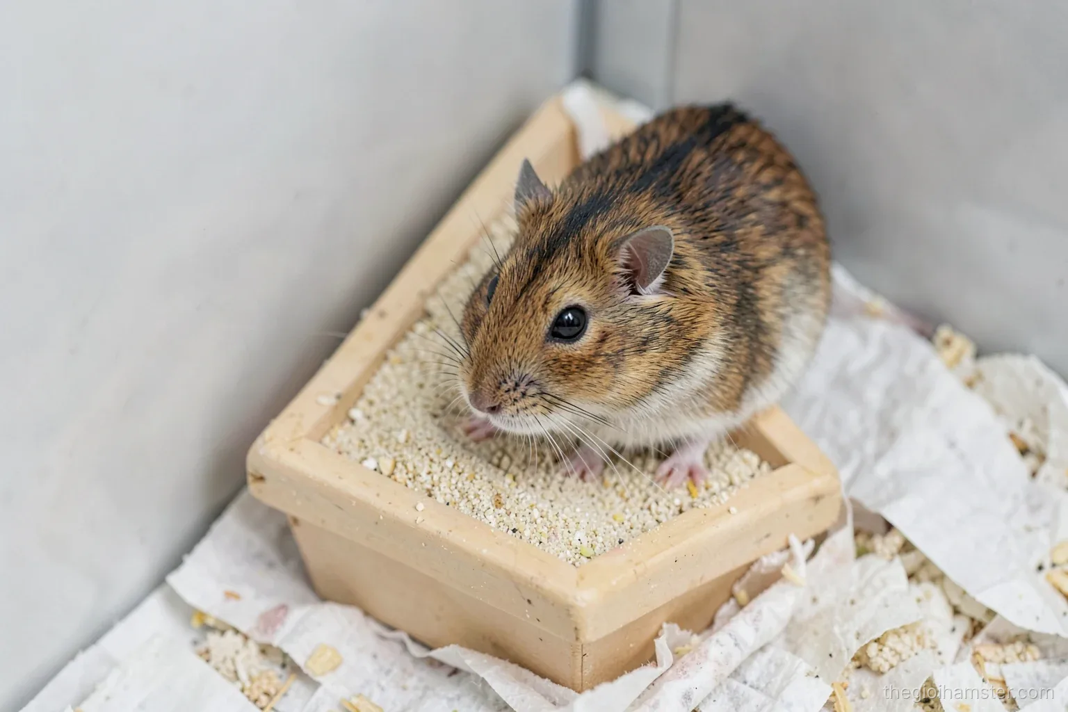 Top-down close-up of a small triangular corner tray filled with pale sand in the corner of a hamster enclosure, a dwarf hamster stepping out onto paper bedding, even soft light