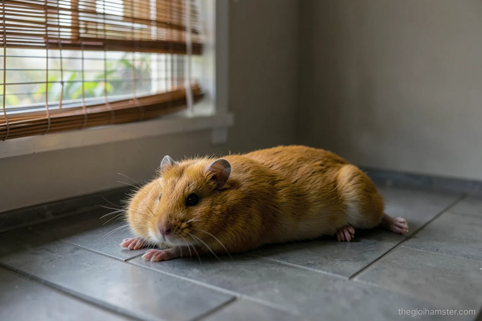 Golden Syrian hamster lying stretched out on a cool grey ceramic tile inside a clear bin cage beside a window with drawn bamboo blinds, dim hazy summer afternoon light