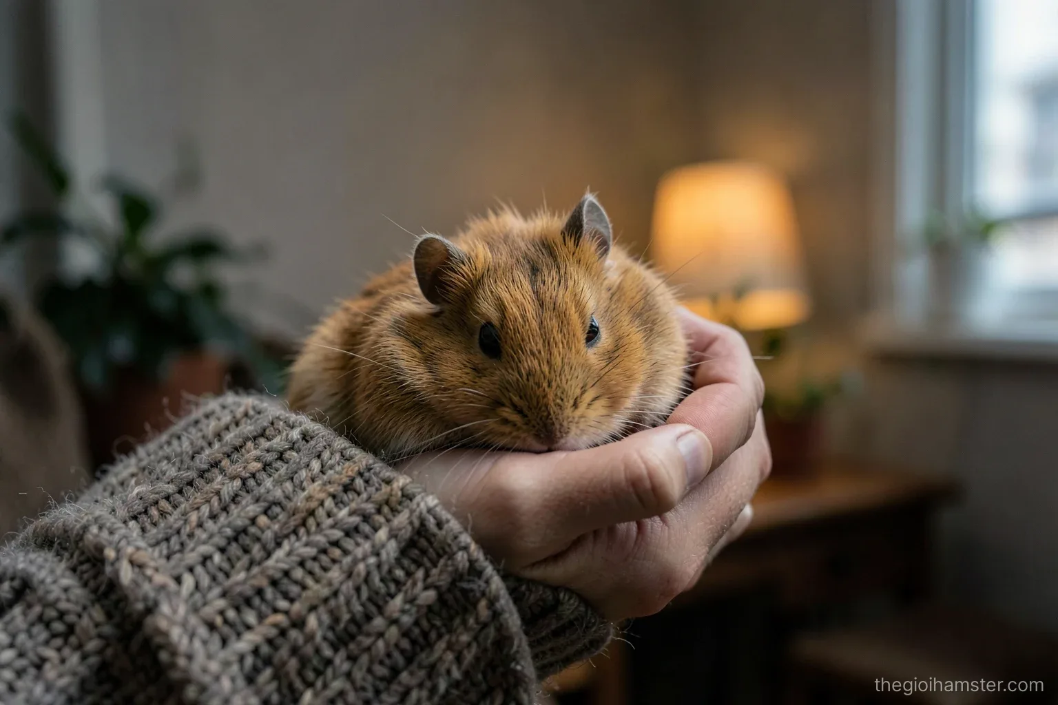 Close-up of an adult hand gently cupping a sleepy curled golden hamster against a thick knitted wool sweater, warm amber lamp light in a cold dim room, cozy tones